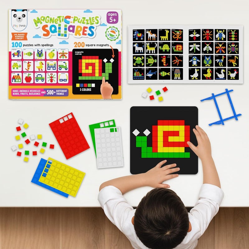 Play Panda Magnetic Puzzles: Squares - 250 Colorful Magnets, 100 Puzzle Book, Magnetic Board & Display Stand - Image 3